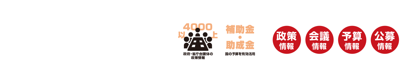政策リサーチとは4,000以上の政府・省庁の会議体の毎日100件以上アップされる政策情報を横断的に分析できる! 国内唯一の政府・省庁関係情報の検索・閲覧・解析サービスです